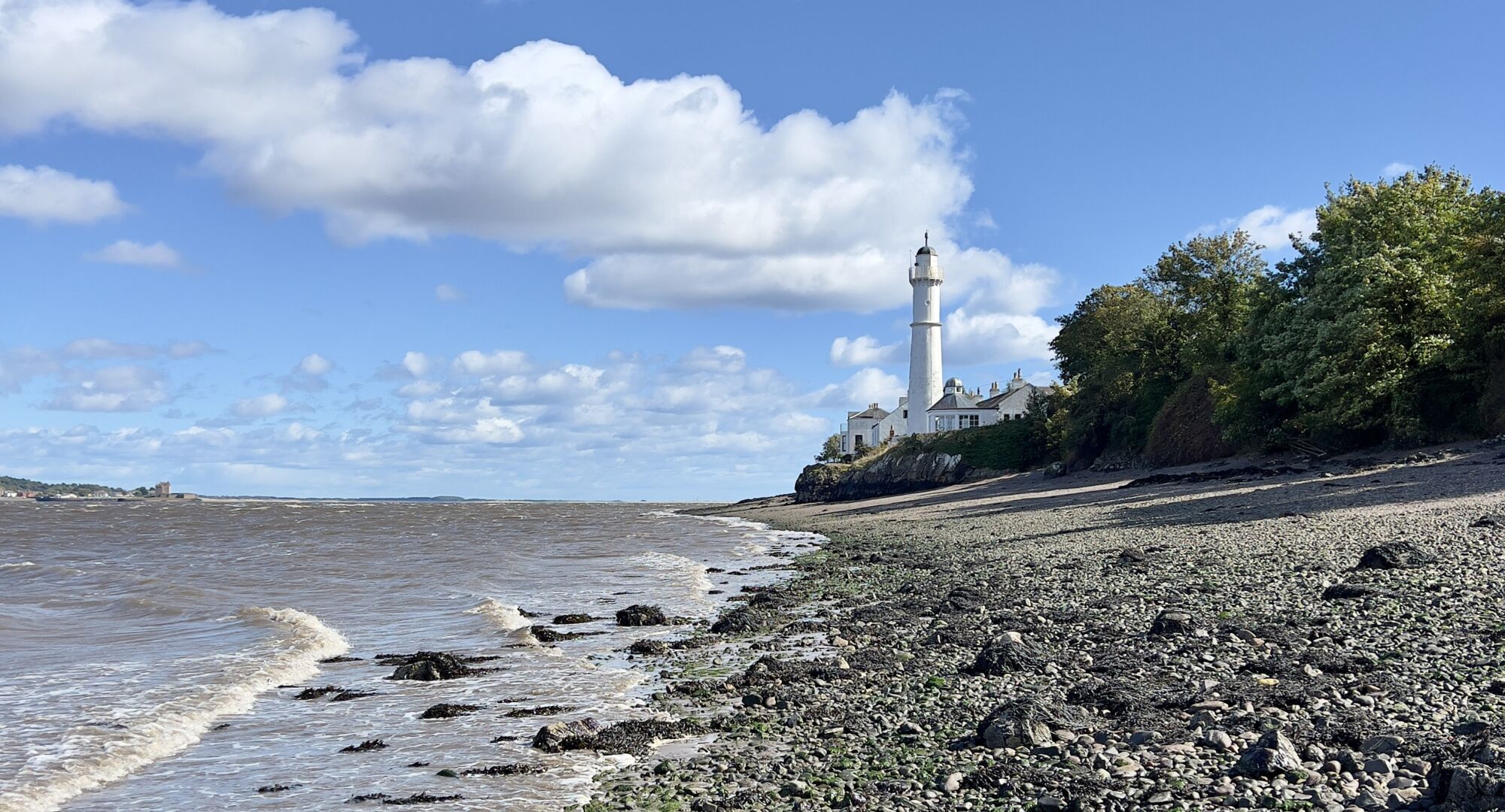 A rocky beach with a lighthouse and trees