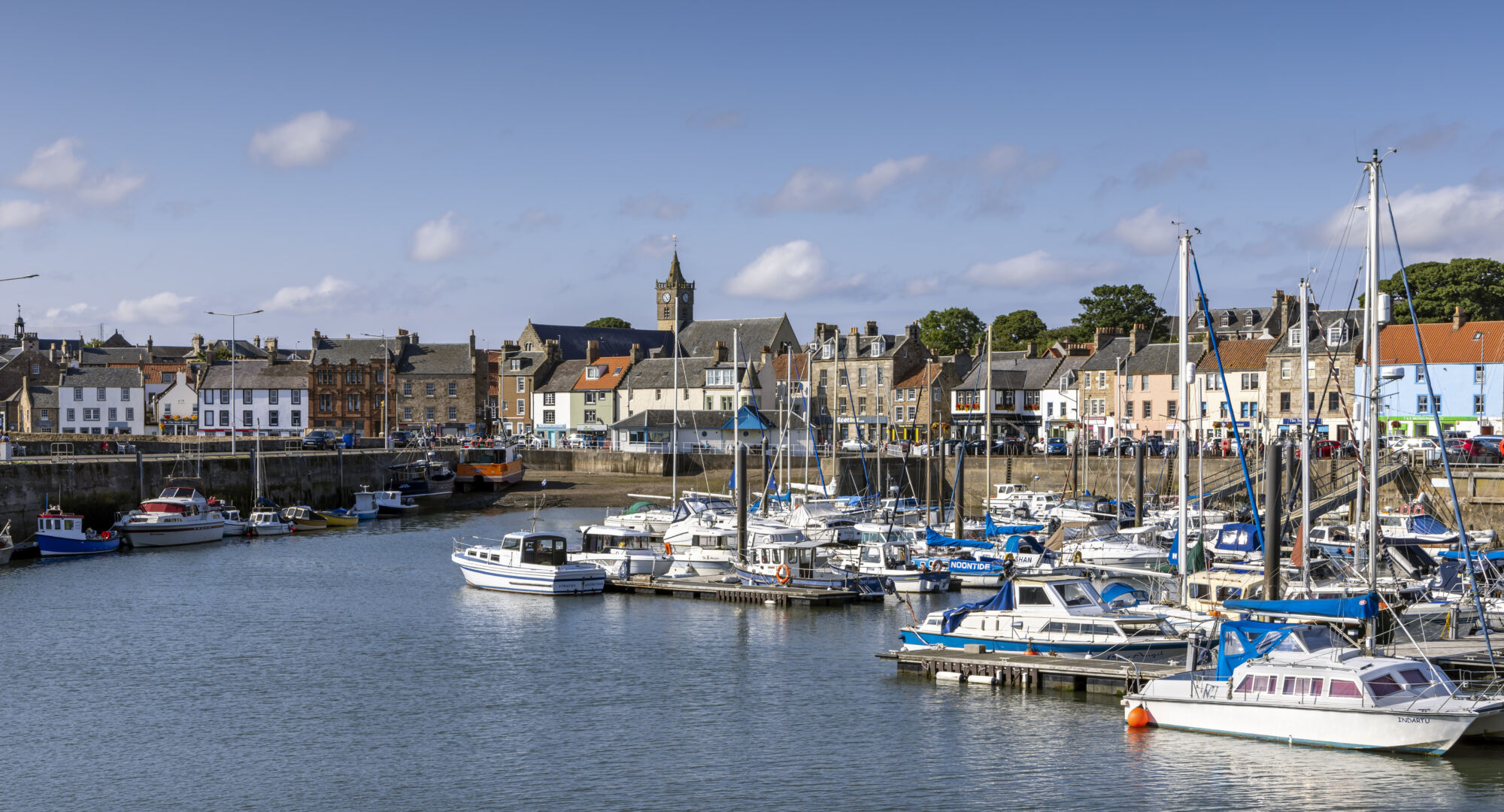 Boats moored at the picturesque Anstruther Harbour in the East Neuk of Fife, Scotland