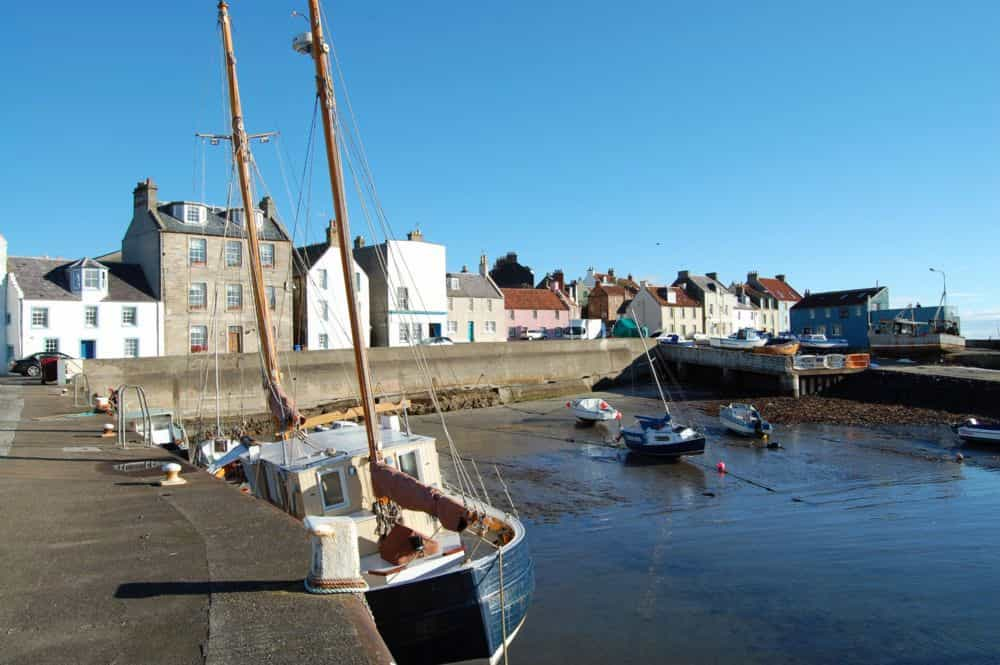 A harbour at low tide overlooked by houses